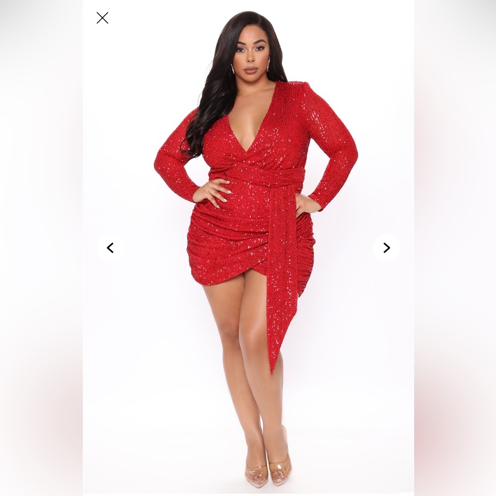 Fashion Nova Red Ruched Sequin Cocktail Dress